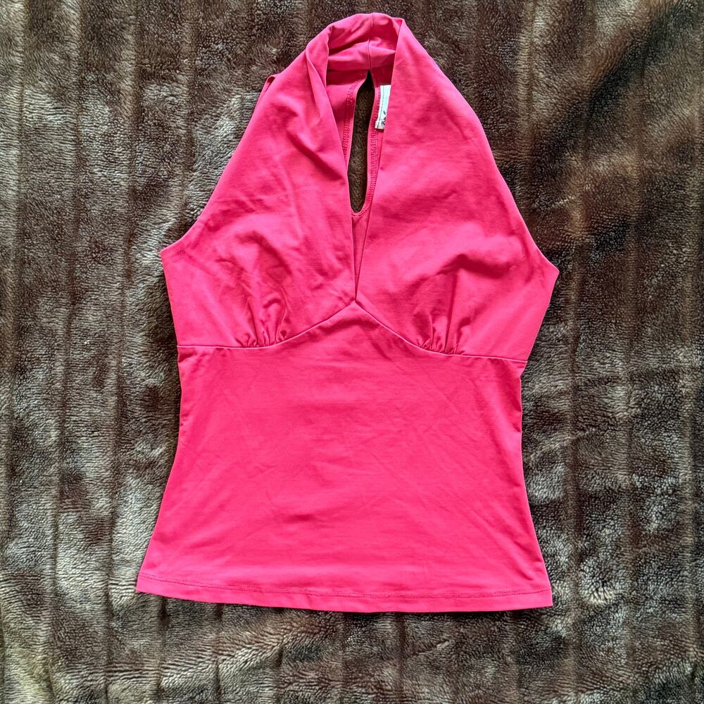 Be Cool‎ S Crimson Red Smooth Knit Stretch Nylon Split Neck Collar Tank Top FS